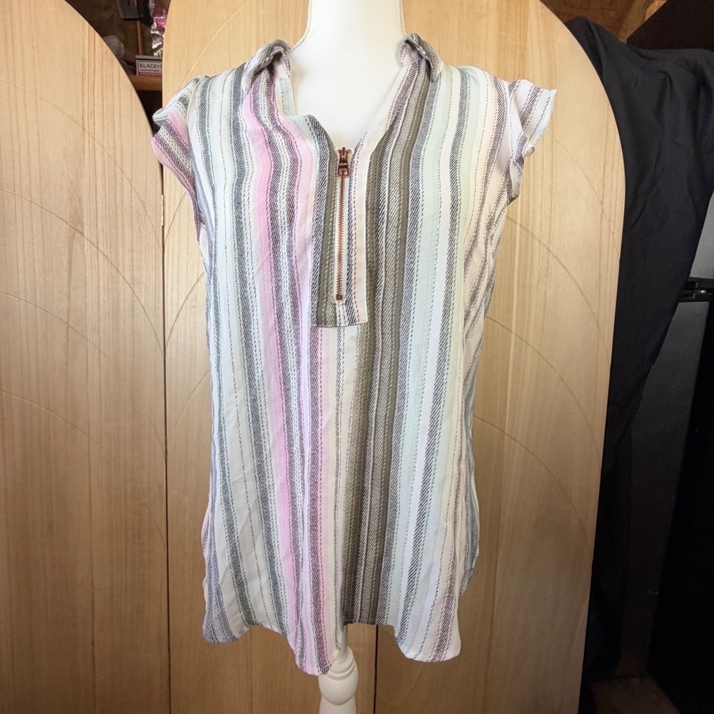 Candie's Blouse M Pink Striped Quarter Zip Flutter Sleeve Casual Top 1801